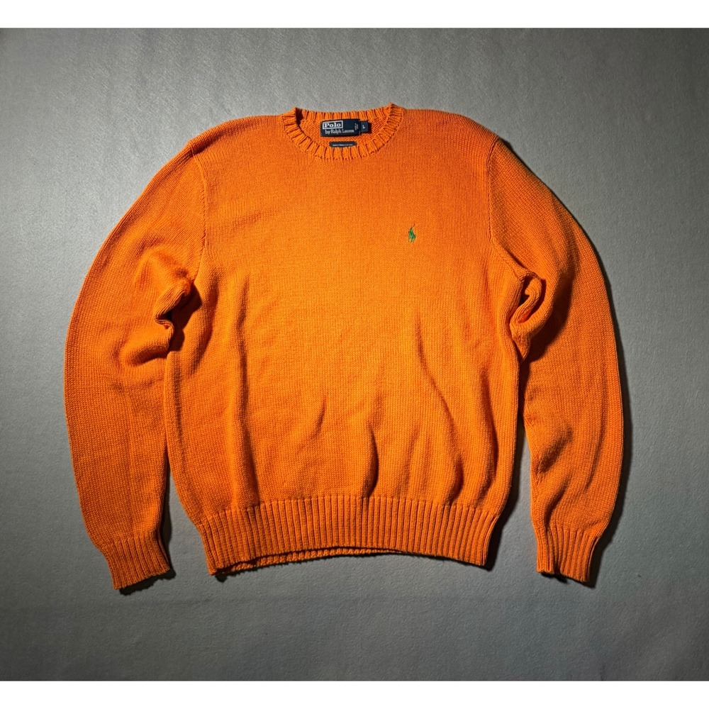 Polo Ralph Lauren Sweater Mens L Orange Pima Cotton Crewneck Green Pony‎ Logo